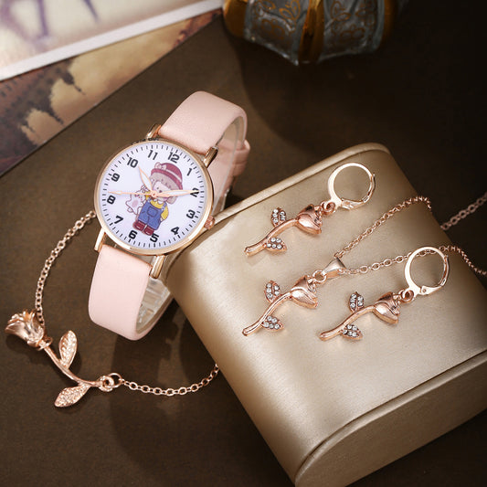 Quartz Wrist Watch Rose Jewelry Set