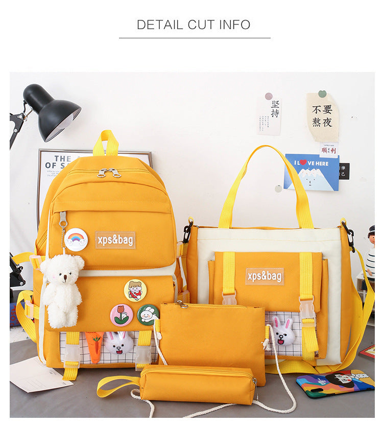 4-piece student school bag canvas contrast color backpack