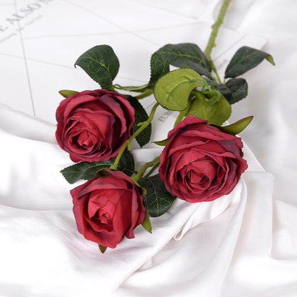 Ramo de rosas de 3 cabezas de simulación de borde quemado retro europeo 