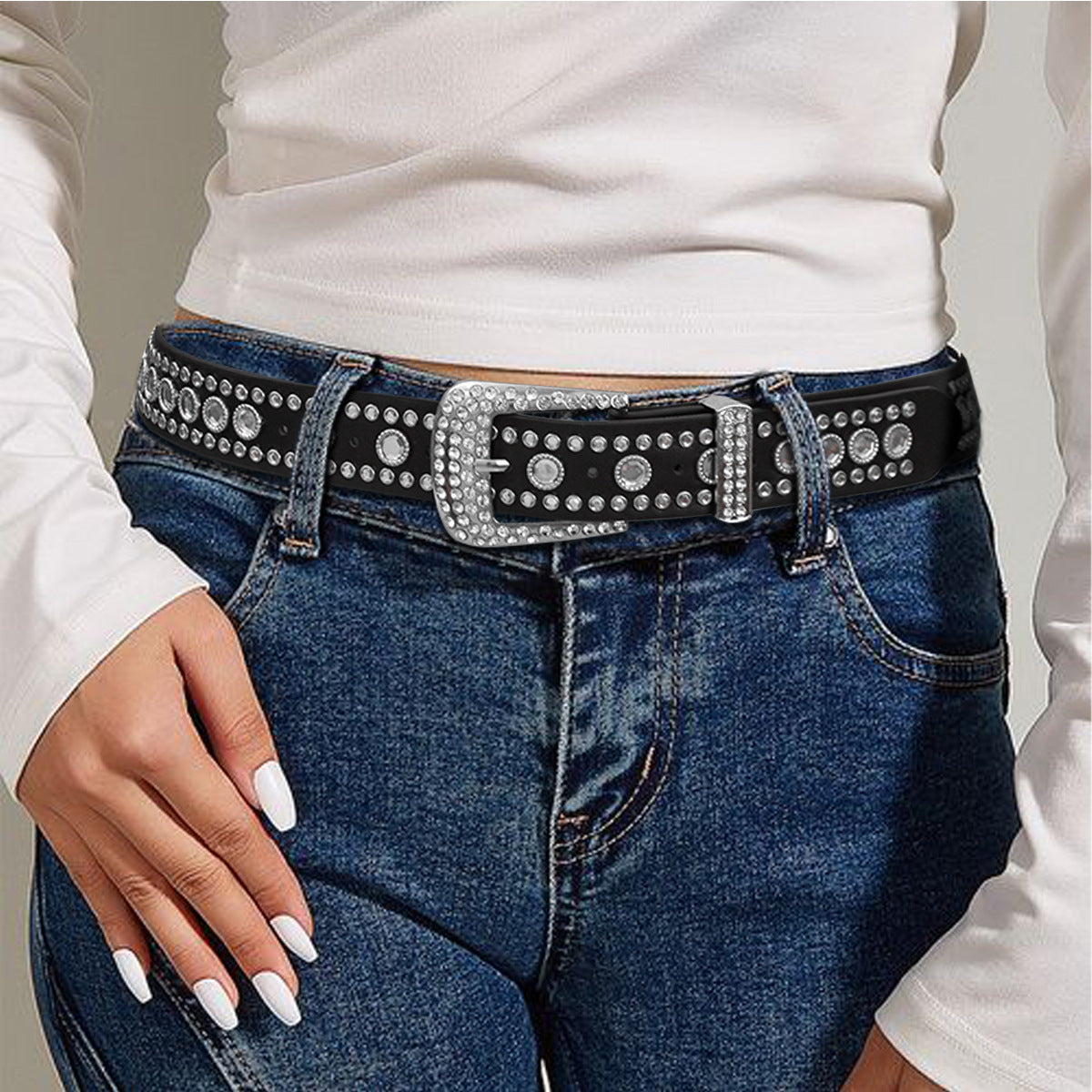 Punk style rivet rhinestone belt
