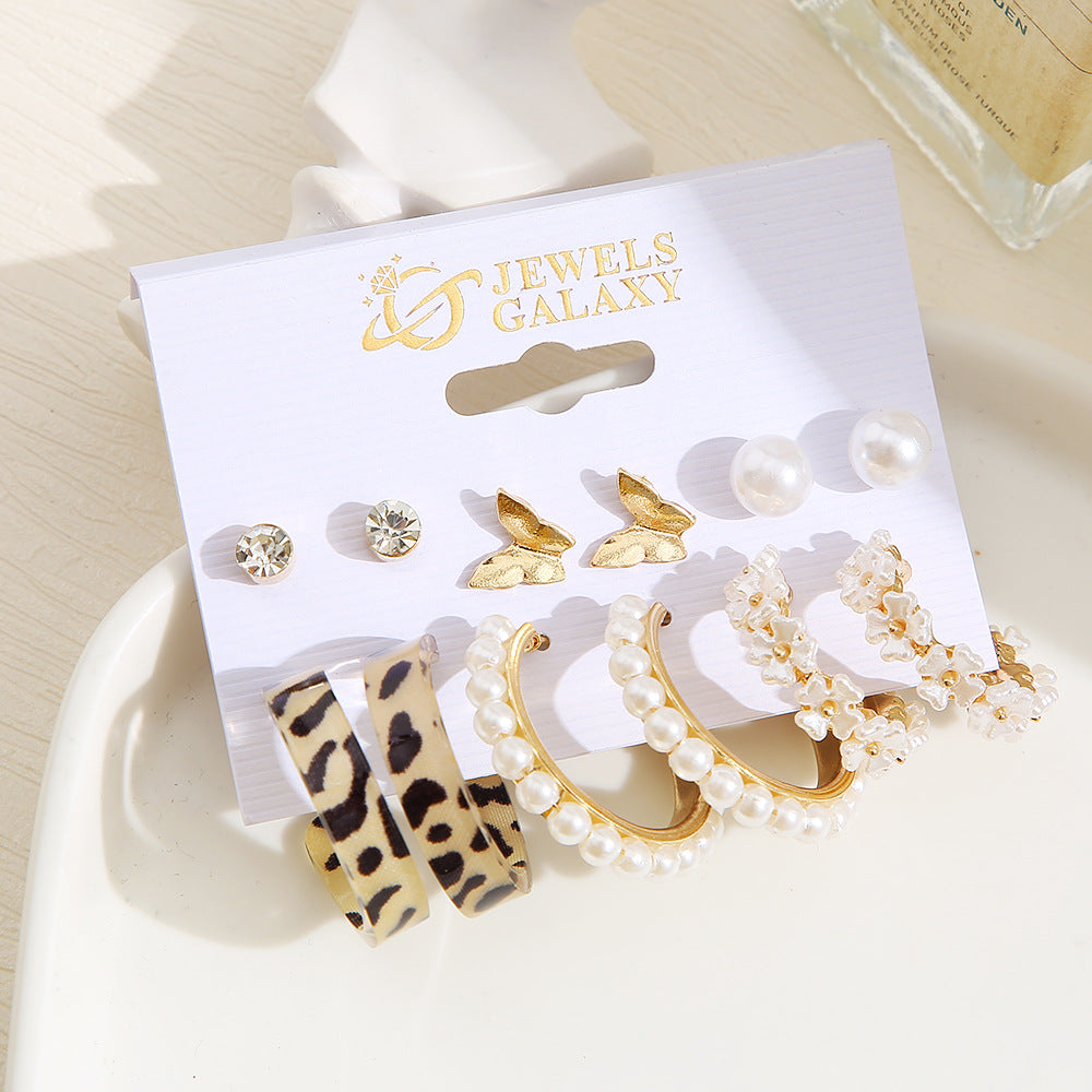 Retro Pearl & Leopard Print Earring Set (6-Piece)