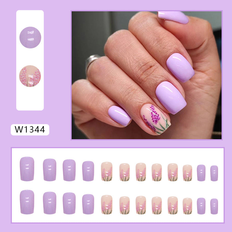 Summer Lavender Purple Floral Fake Nails