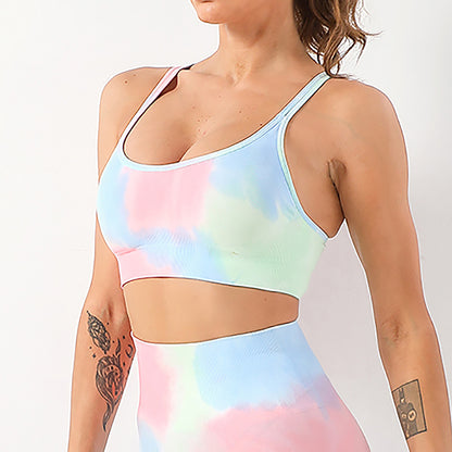 Conjunto de yoga de cintura alta con efecto tie-dye sin costuras 