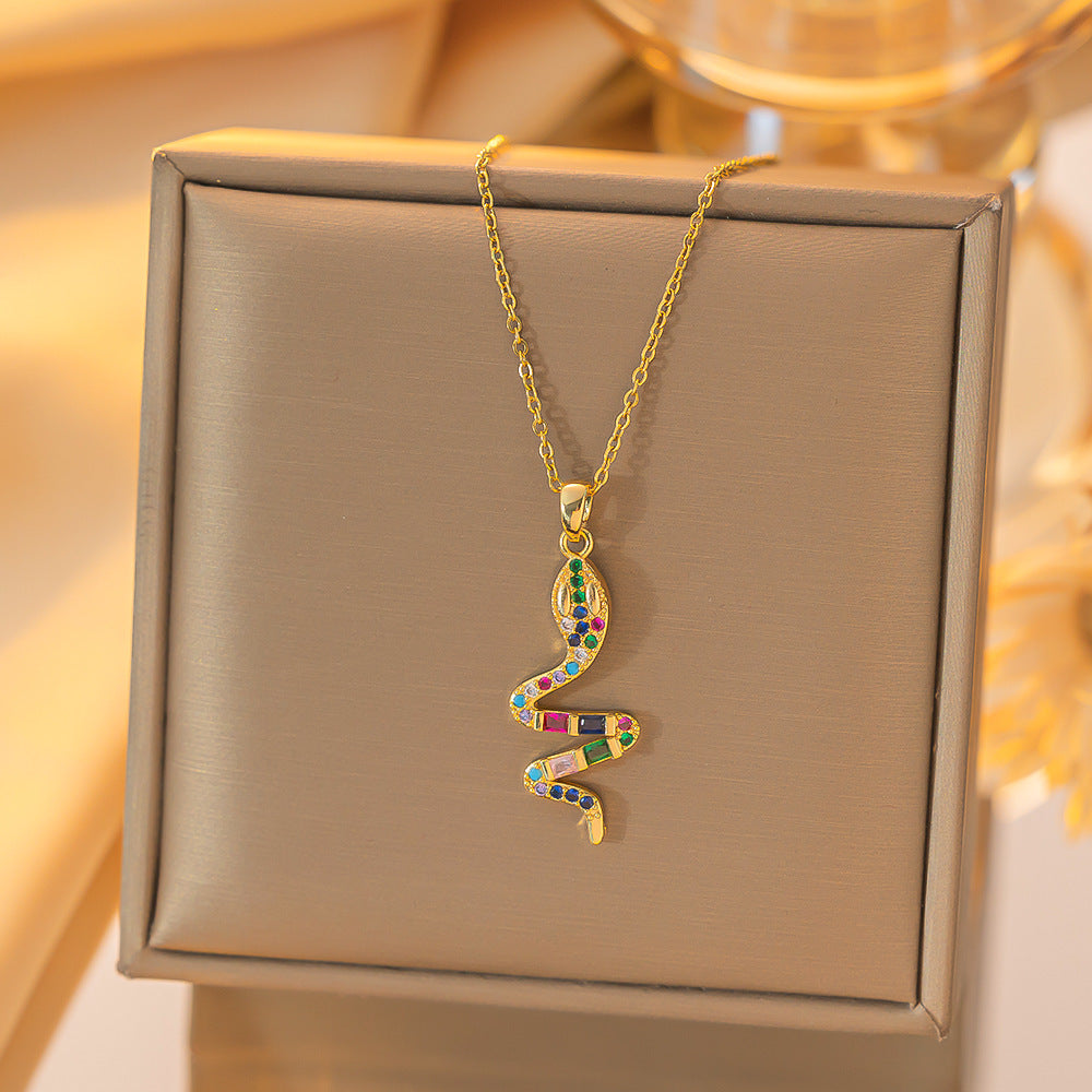 Women's Gold-Plated Snake Pendant Necklace with Colored Zircons