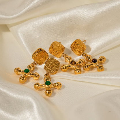 Tiger Eye Cross Pendant Earrings