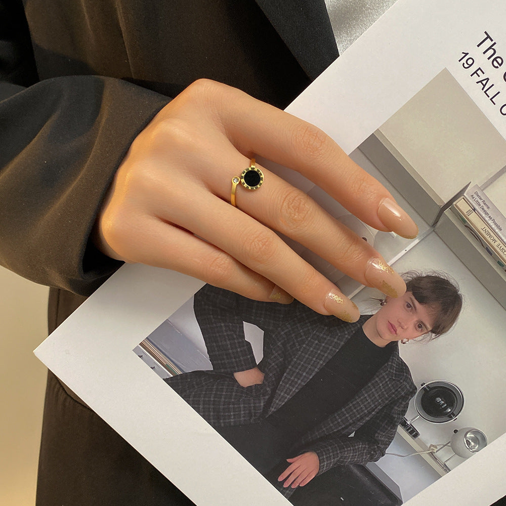 Women's Black Titanium Steel Round Ring — K-Gold Plated