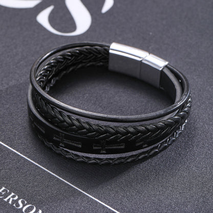 Cross leather bracelet with magnetic clasp