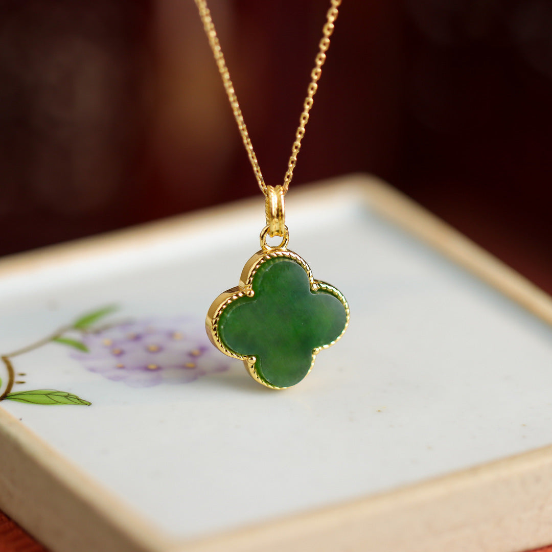 Women's Four-Leaf Clover Hetian-Style Jade Pendant Necklace