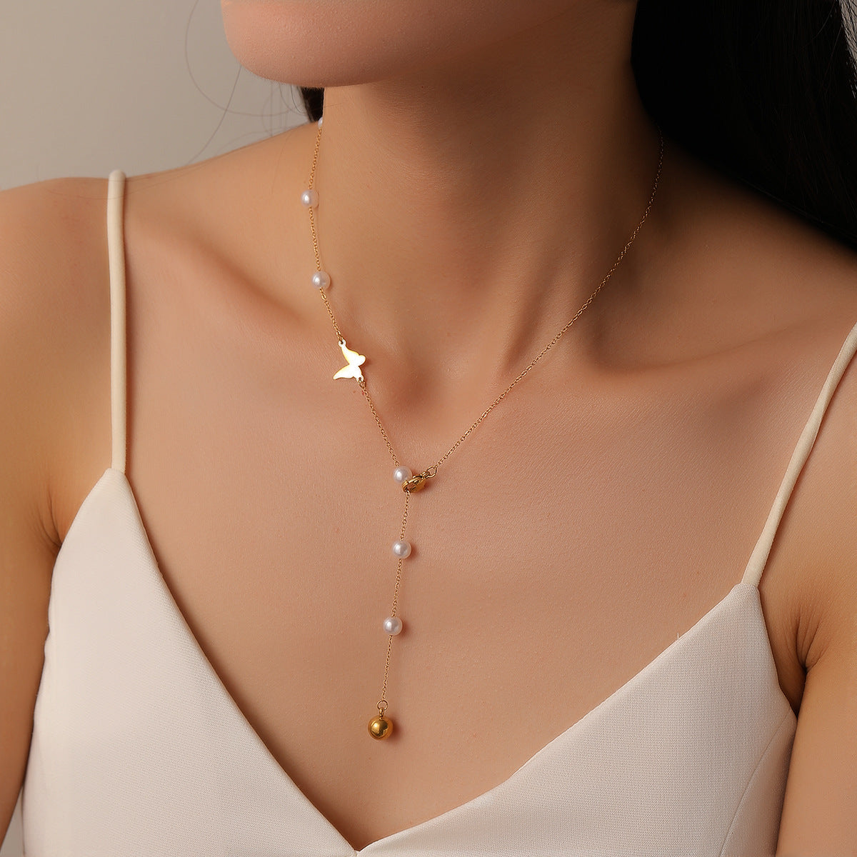 Adjustable Butterfly Dance Pearl Titanium Steel Necklace