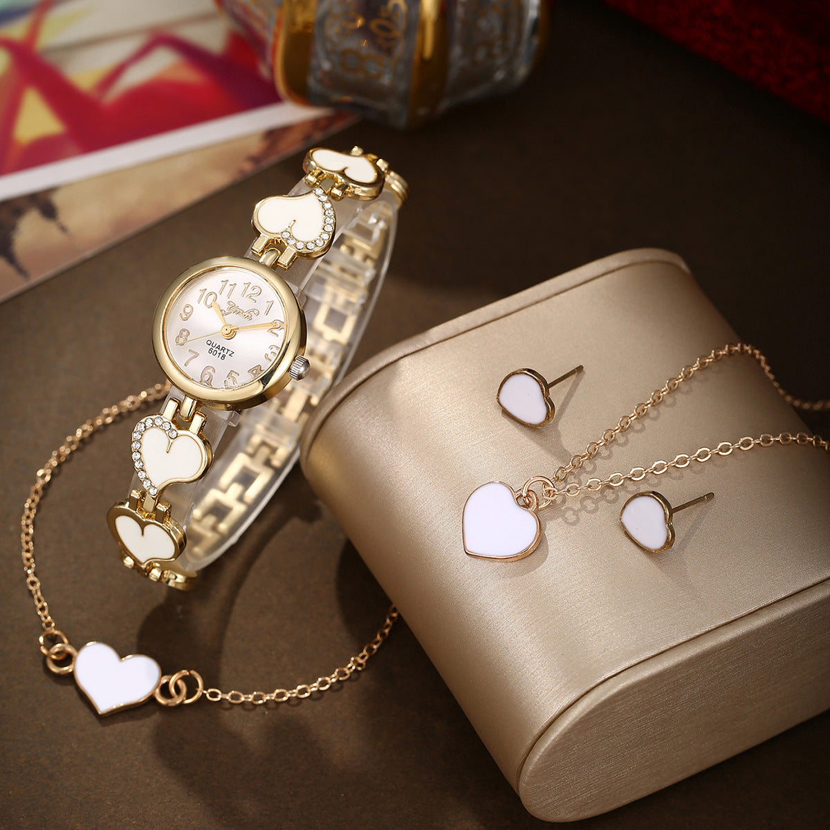 Diamond-encrusted love quartz watch jewelry set