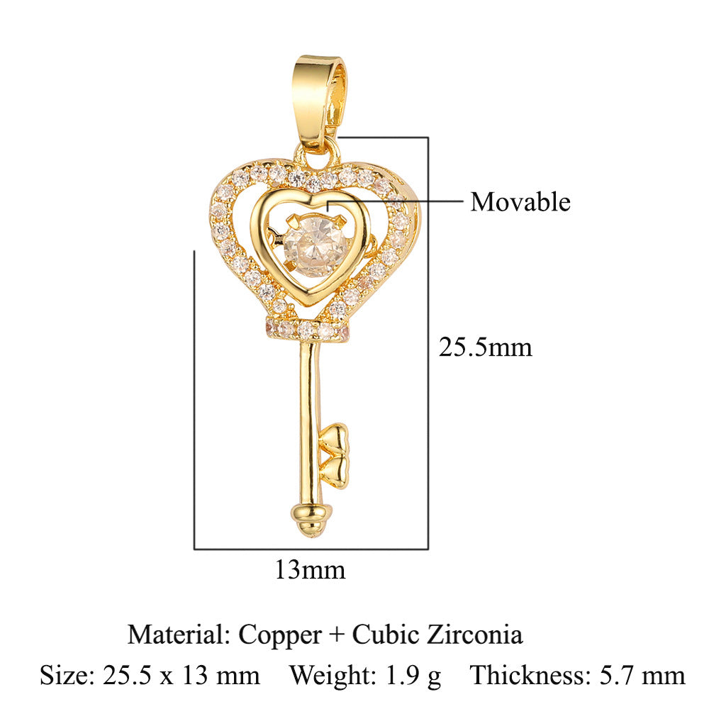 Copper zircon pendant, heart-shaped key, crown wings.