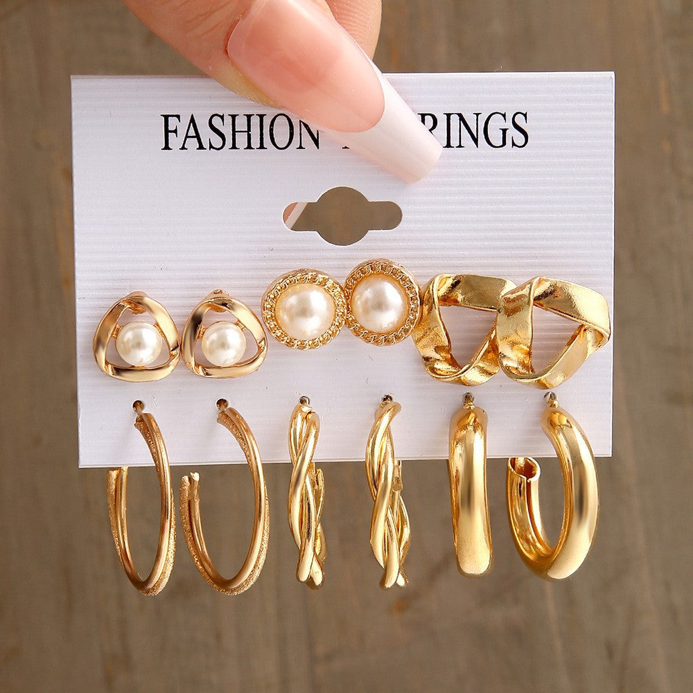 Retro Geometric Pearl 6-Piece Earring Set