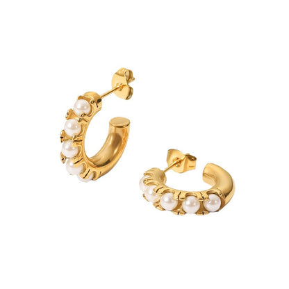 Pearl inlaid C-shaped earrings