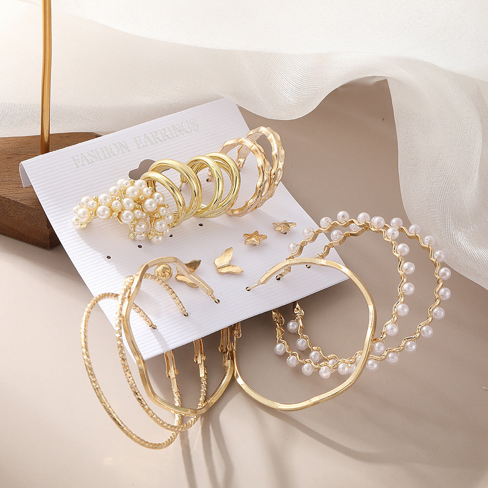 Retro Pearl & Butterfly 9-Piece Earring Set