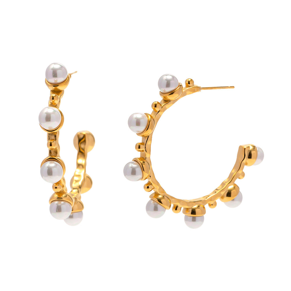 C-Shaped Stainless Steel Pearl Earrings