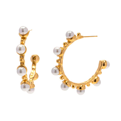 C-Shaped Stainless Steel Pearl Earrings