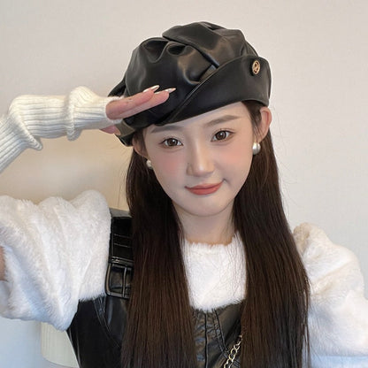 Black PU Beret Ruffled Vintage, Fall/Winter