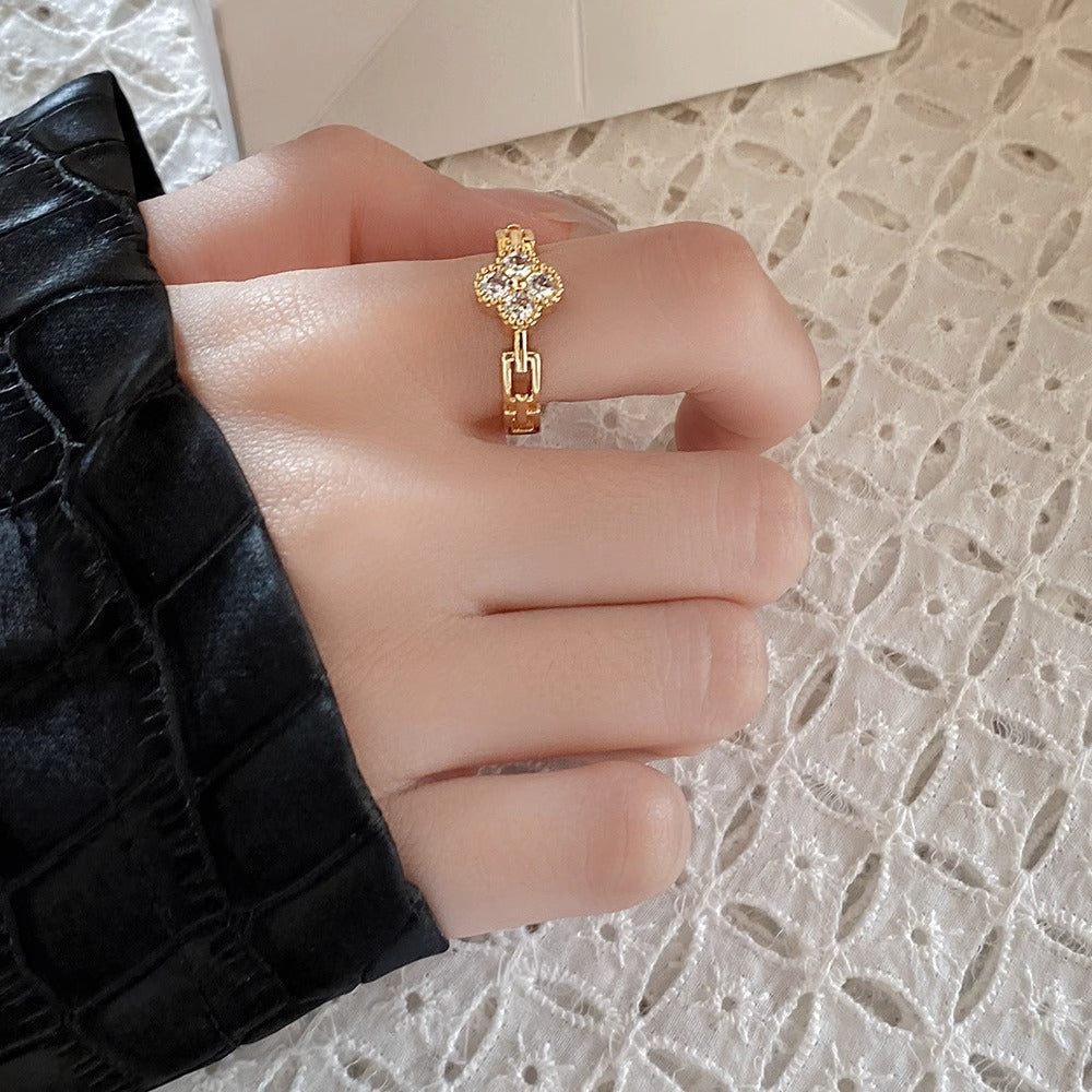 Adjustable Korean Four-Leaf Clover Zircon Flower Ring