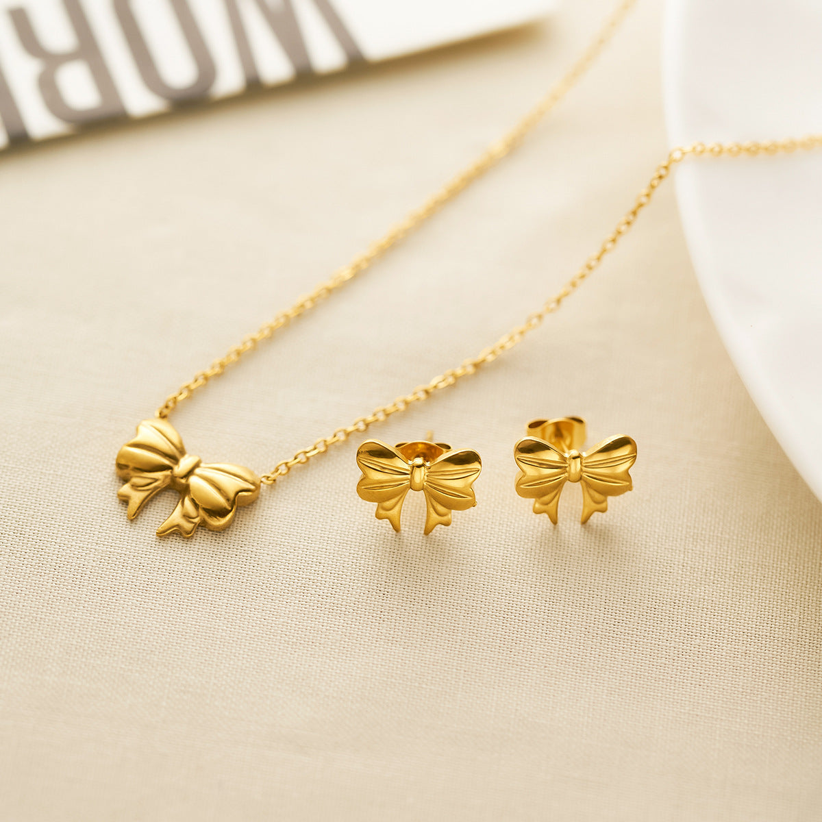 Women's Titanium Steel Bow Necklace & Stud Set — 18K Gold-Plated (Non-Fading)