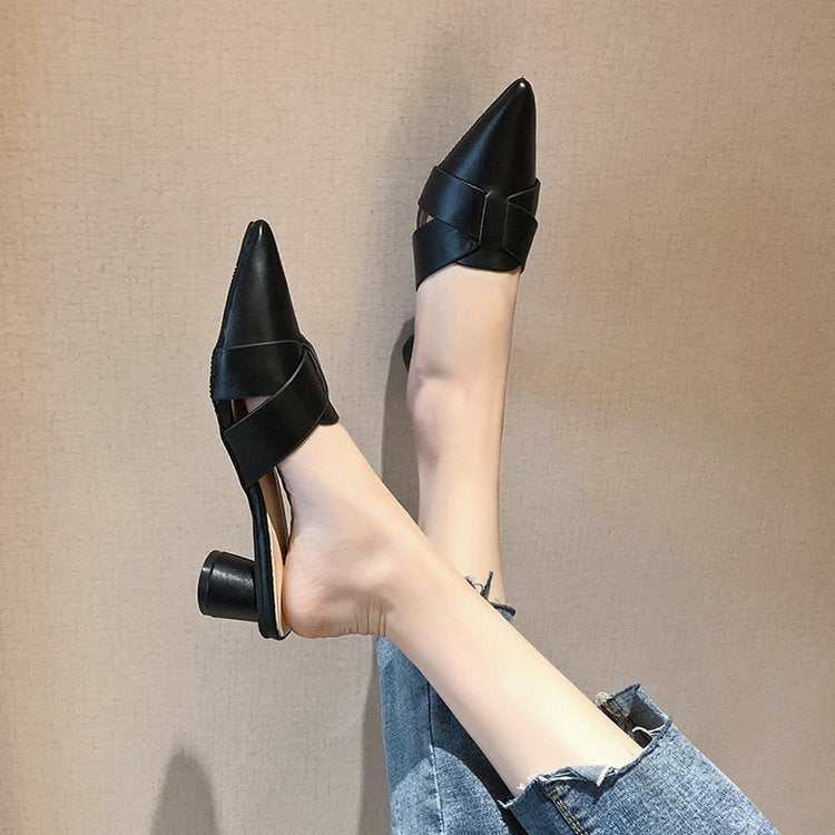 Shang pointed thick heel lazy shoes