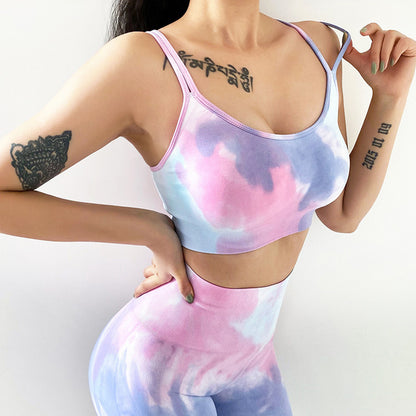 Conjunto de yoga de cintura alta con efecto tie-dye sin costuras 