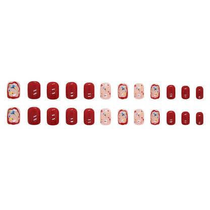 Short Wine Red Floral Square Fake Nails