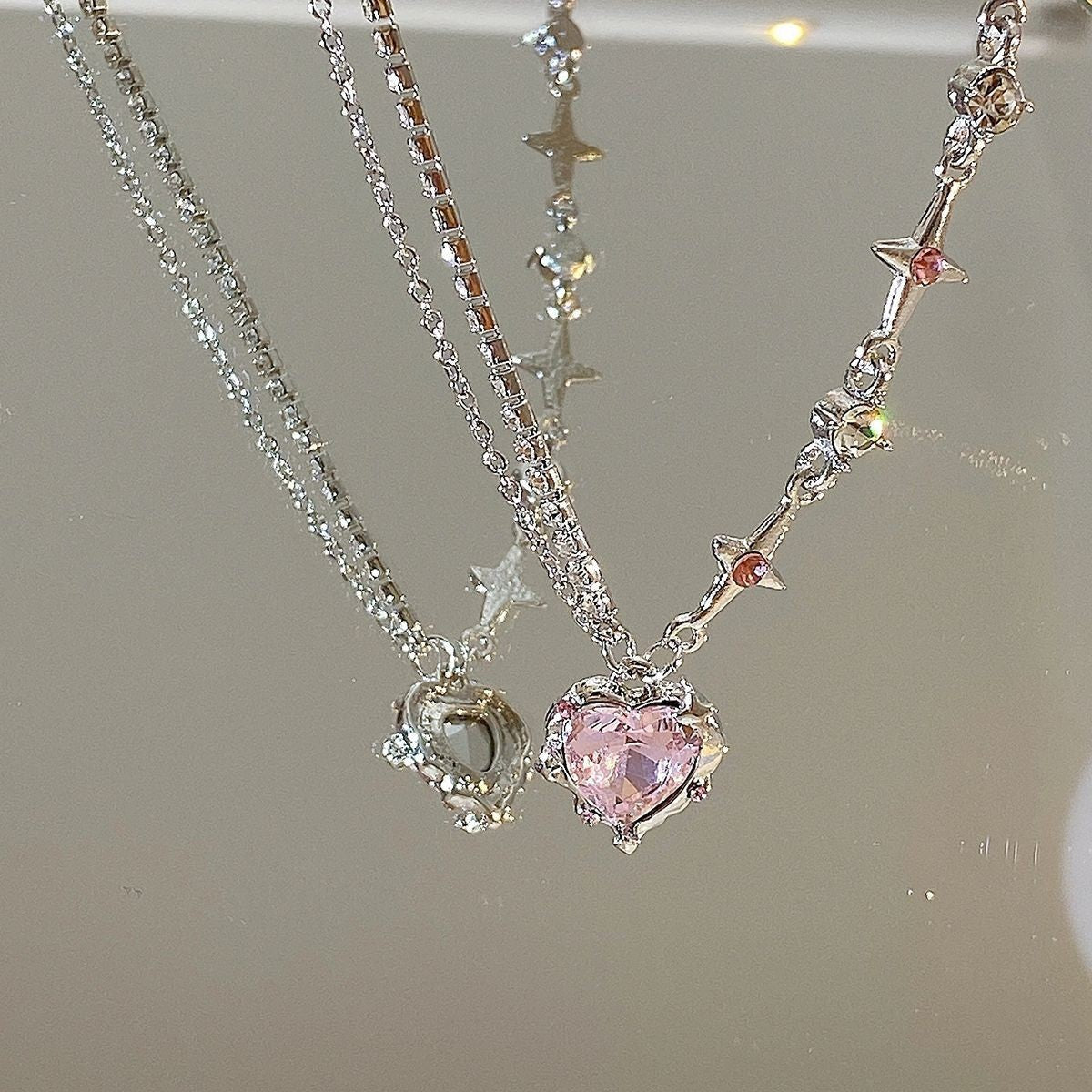 Pink Rhinestone Planet Heart Necklace