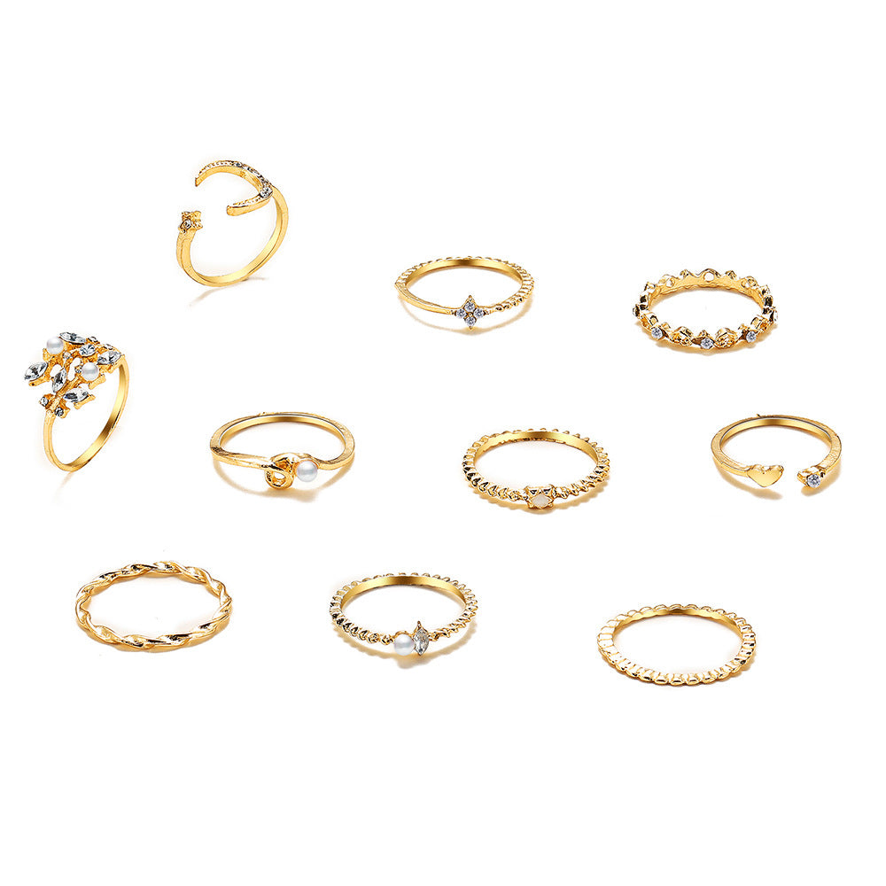 Star Moon & Leaf 10-Piece Ring Set