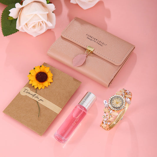 Diamond-encrusted women's quartz watch gift box set