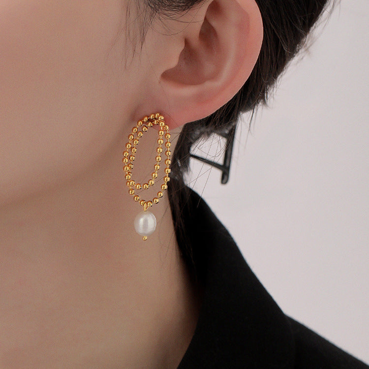 Women's Retro Pearl Titanium Steel Stud Earrings with K-Gold Bead Chain