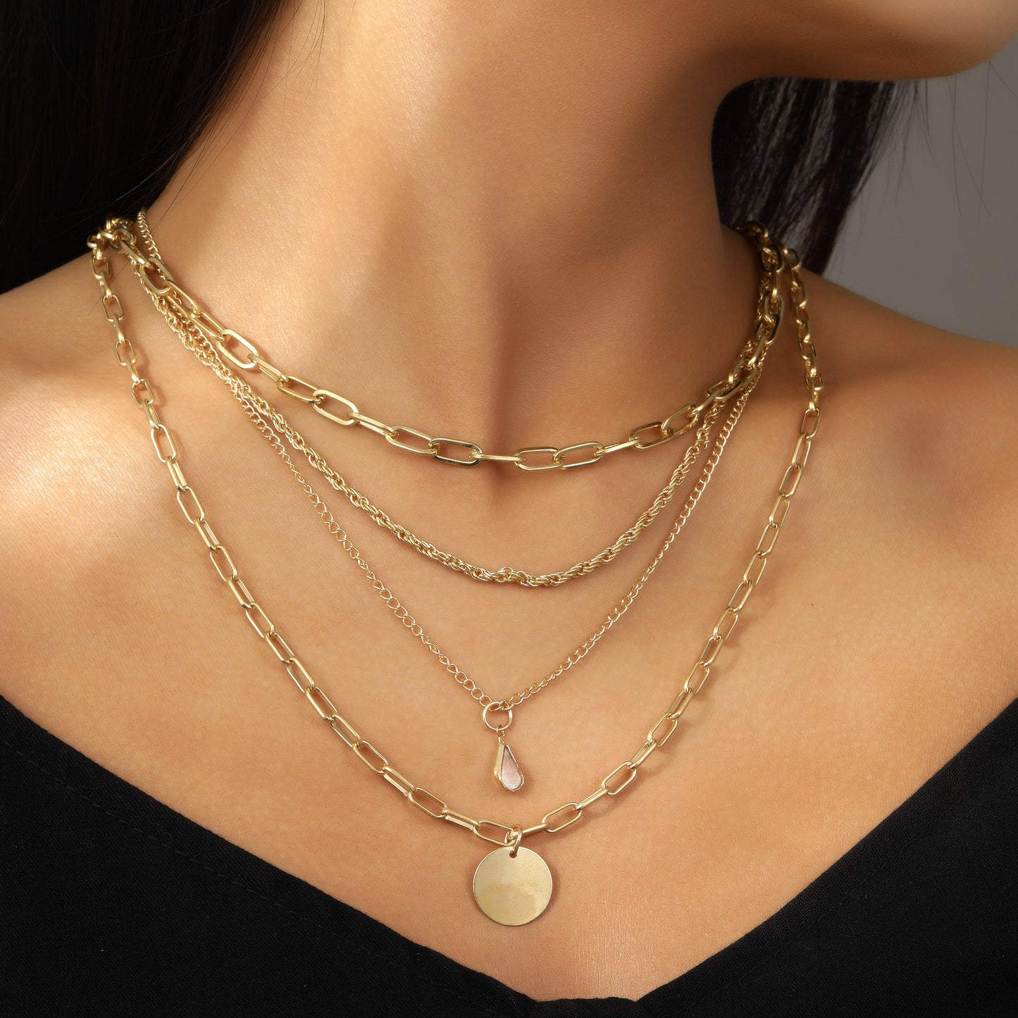 Multi-layer Disc & Waterdrop Necklace