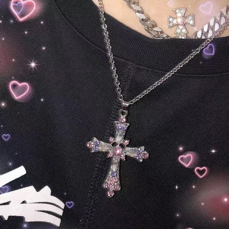Micro-Dot Pink Diamond Cross Necklace