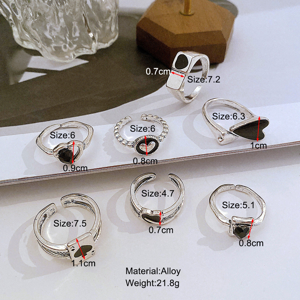 Black love oil drop ring set 7 pieces