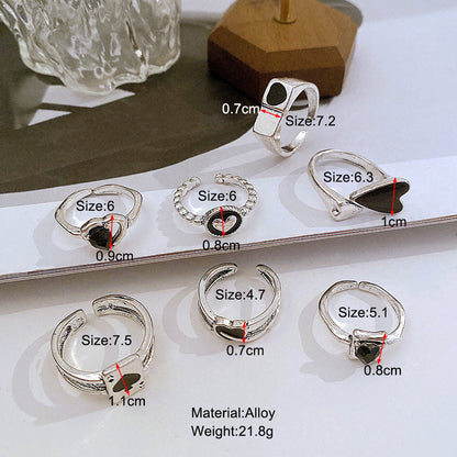 Black love oil drop ring set 7 pieces
