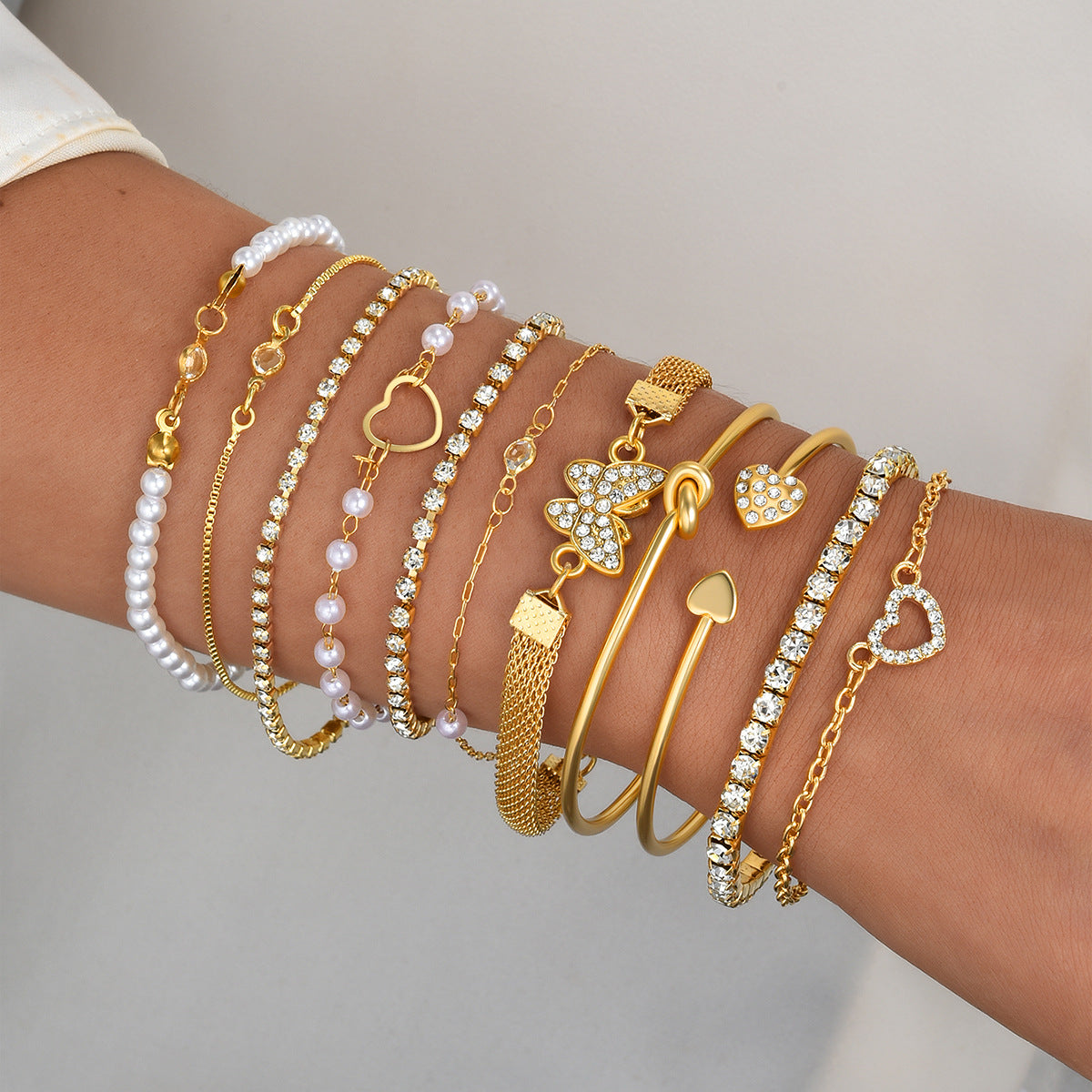 Pearl Diamond Butterfly Bracelet Set