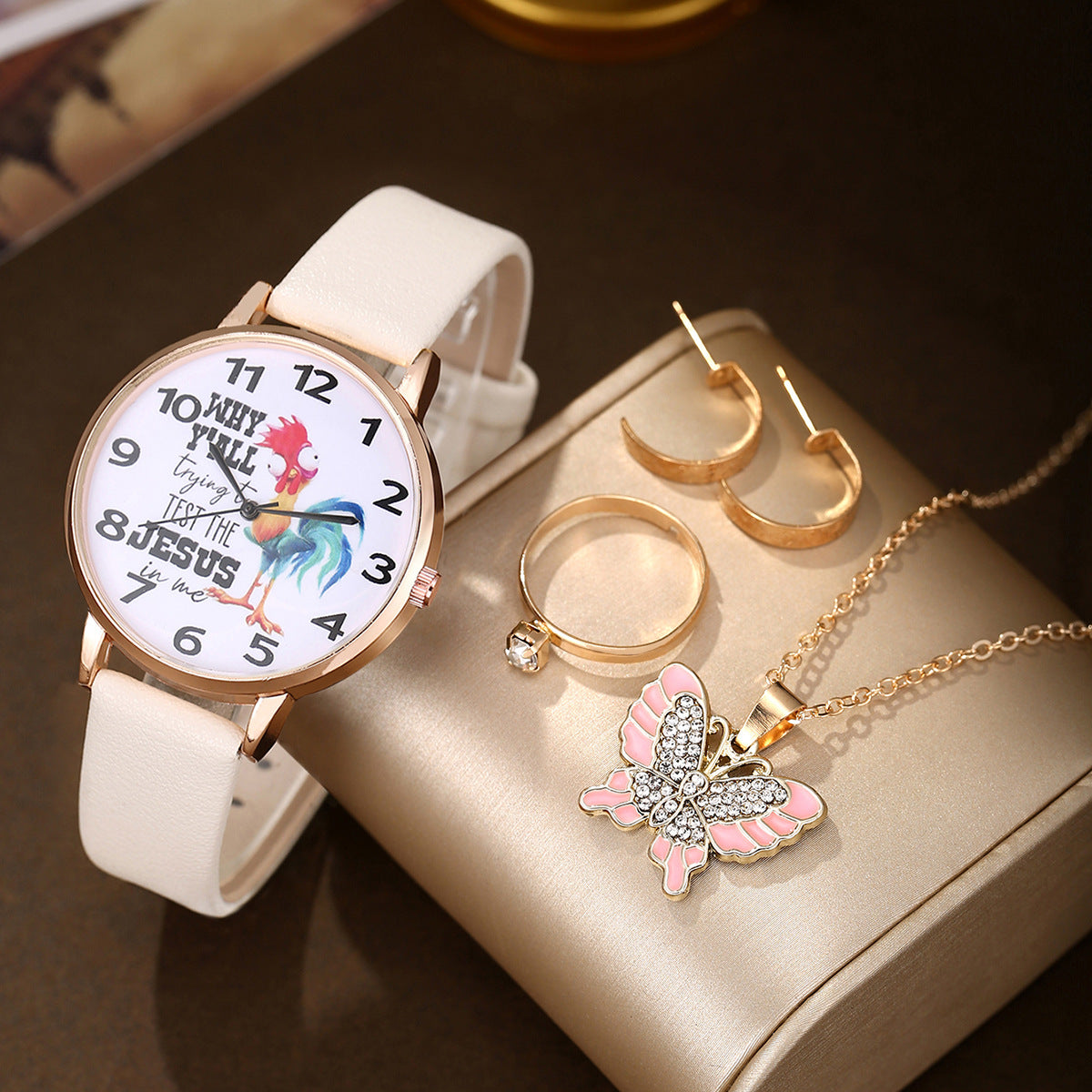 Quartz Wrist Watch Pearl Butterfly Jewelry Set