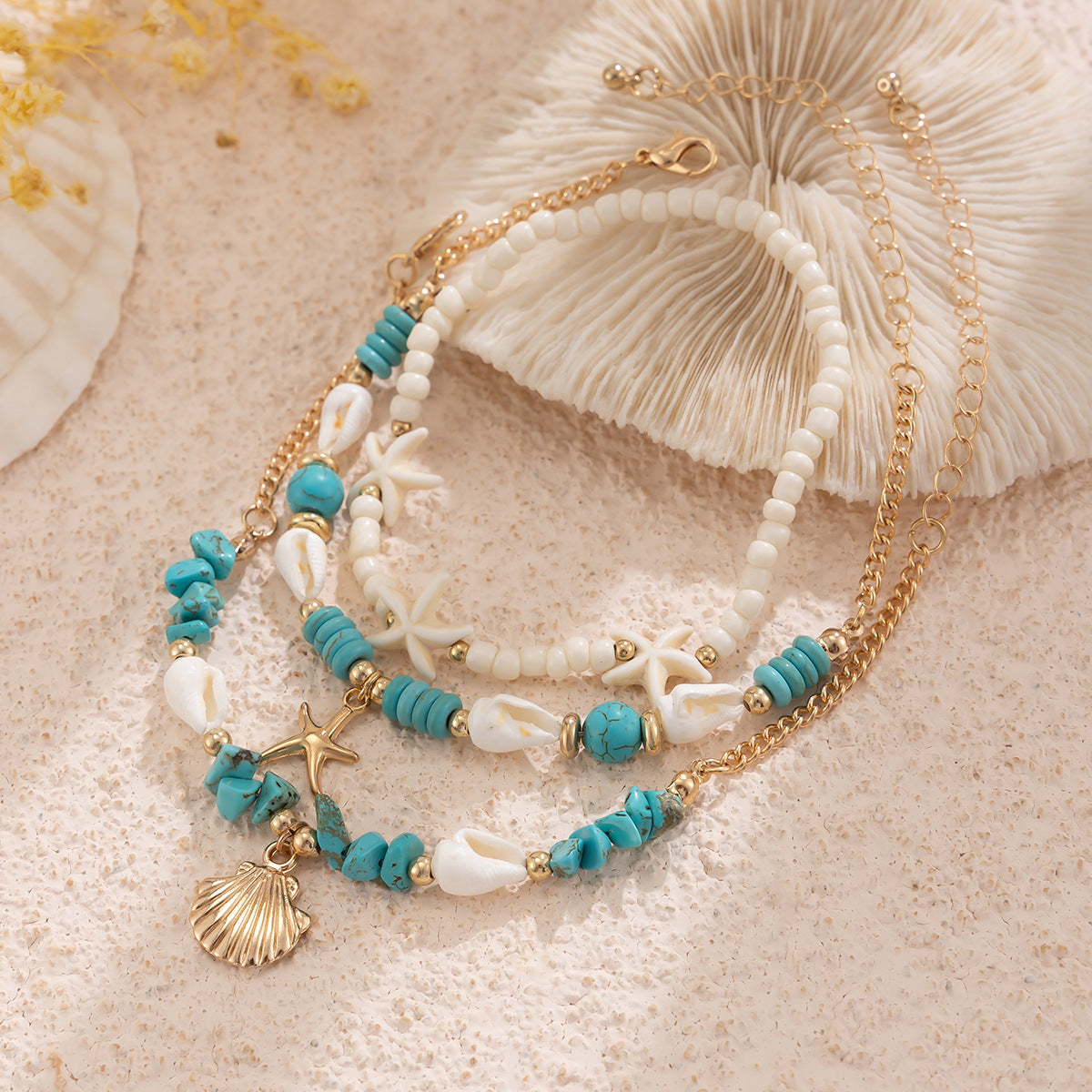 Starfish multi-layer rice bead anklet