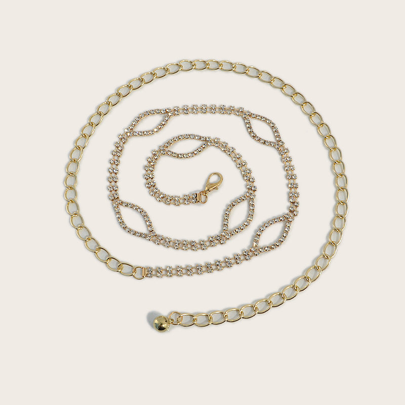 Double row rhinestone inlaid waist chain