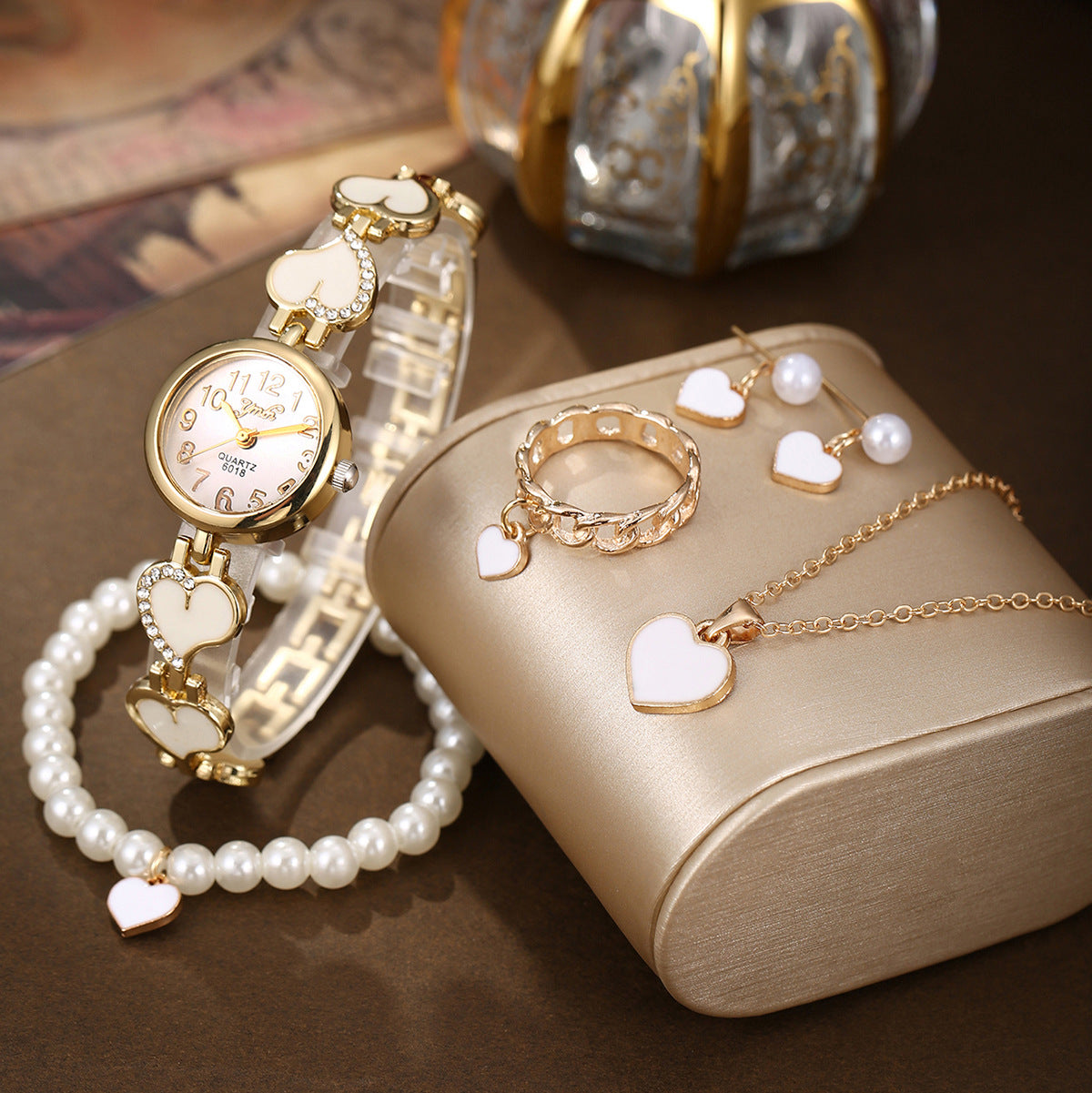 Diamond-encrusted love quartz watch jewelry set