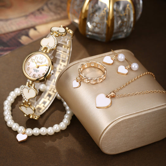 Diamond-encrusted love quartz watch jewelry set