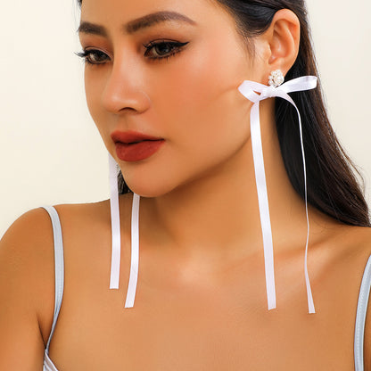 Bow ribbon crystal flower stud earrings