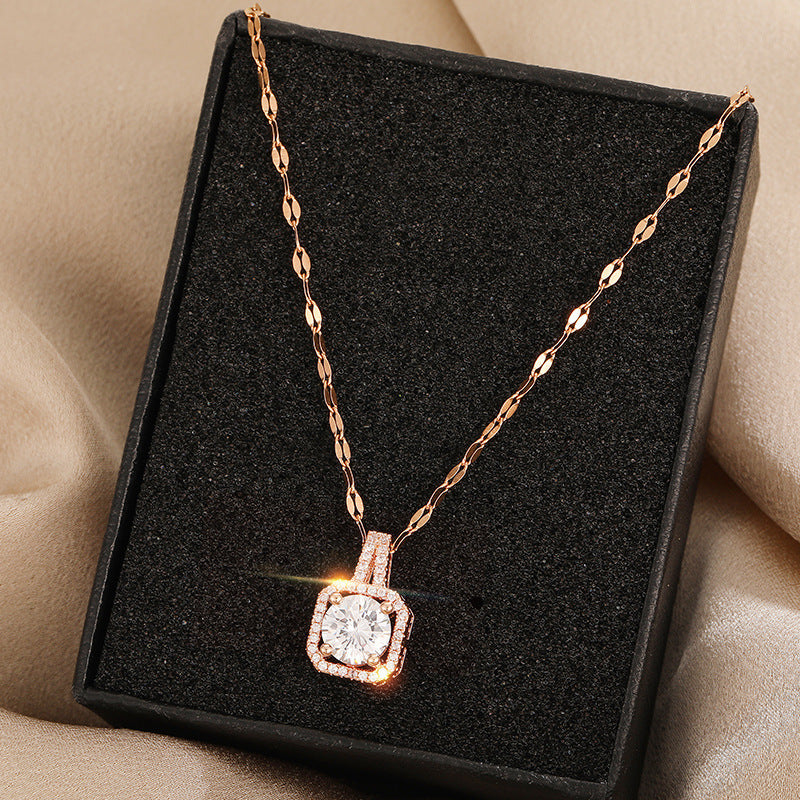 18K Rose Gold-Plated Titanium Steel Necklace with Square Diamond Pendant