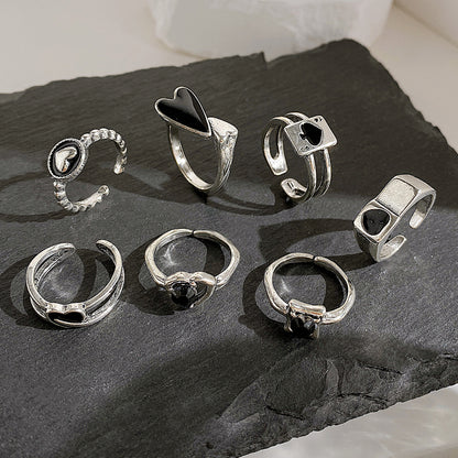 Black love oil drop ring set 7 pieces