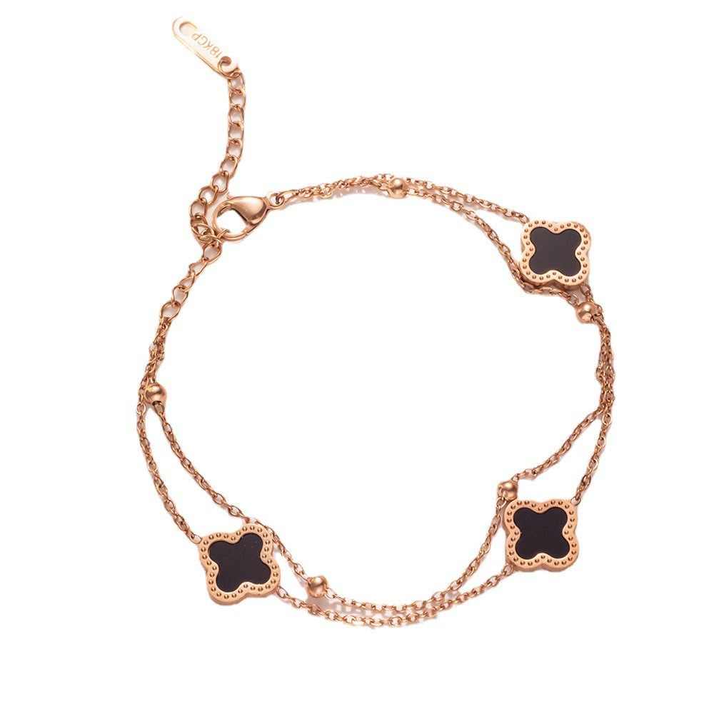 Fashion Titanium Steel Clover Anklet - Double-Layer Bead Chain, Non-Fading