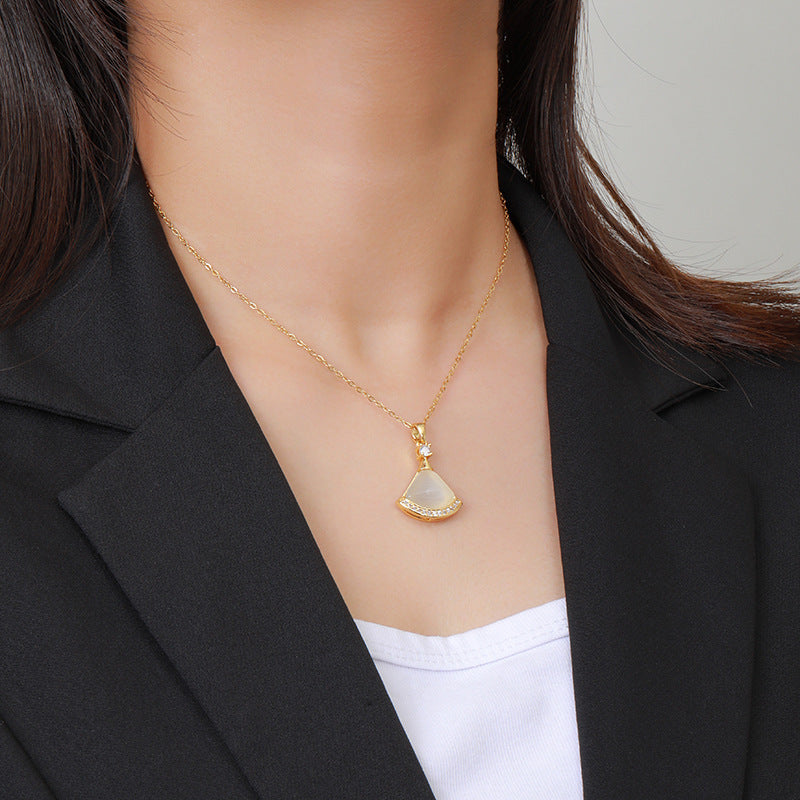 Fan-Shaped Opal Titanium Steel Collarbone Necklace with Copper Pendant