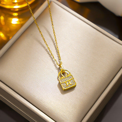 H Letter Bag Pendant Necklace, Titanium Steel, Full Rhinestones