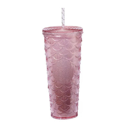 Botella de paja de plástico de doble capa de gran capacidad con patrón a escala 