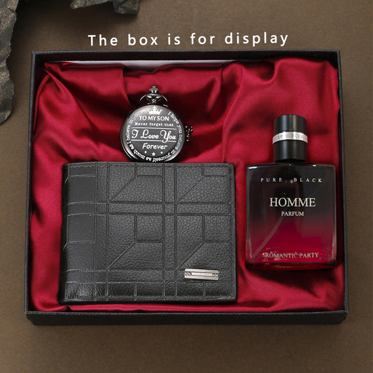 Quartz black pocket watch round wallet perfume 3 pieces combination
