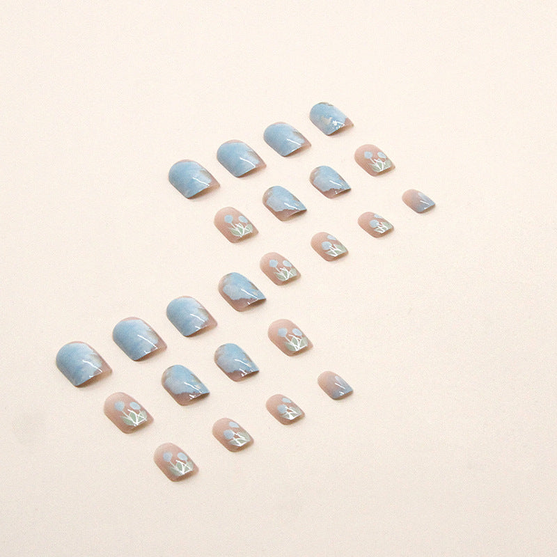 Blue Tulip Oil Painting Short Nails