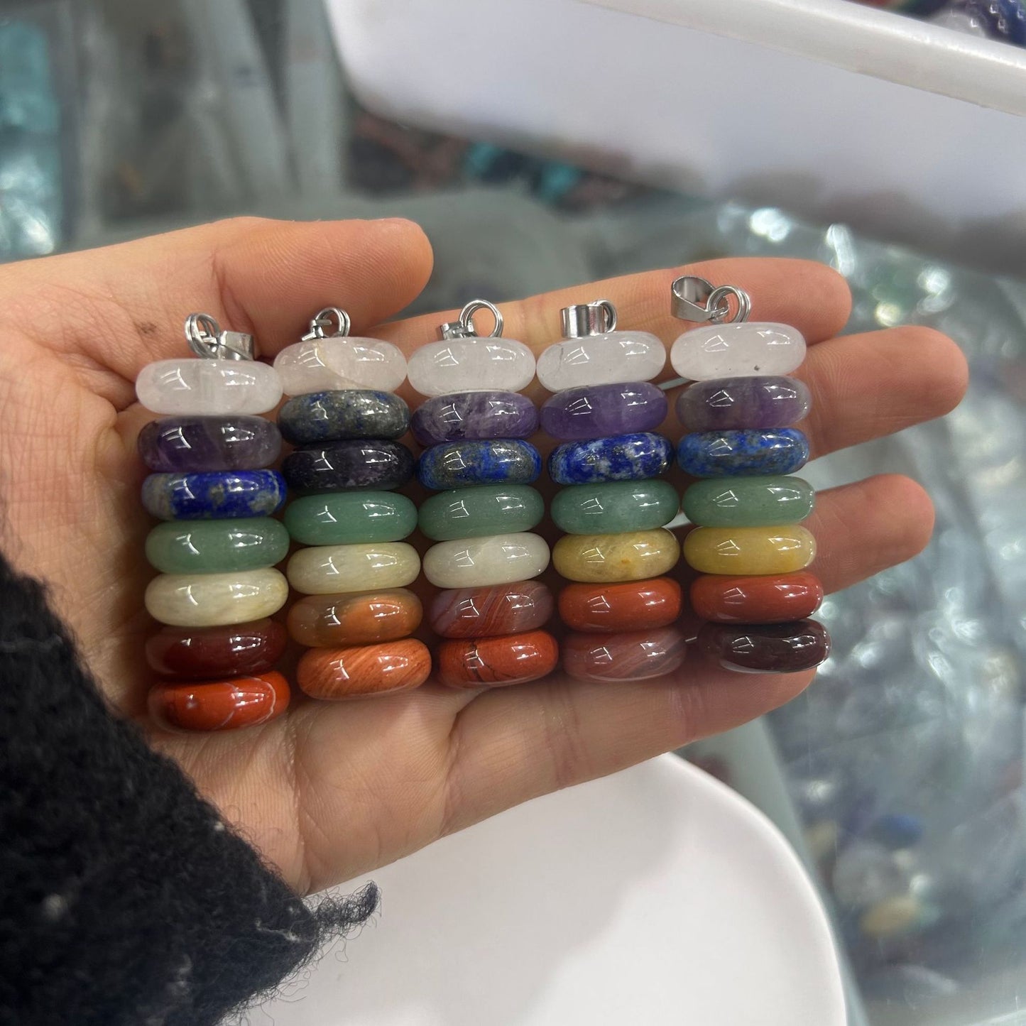 Pingente de combinação de disco de ábaco de pedra de cristal de sete cores 